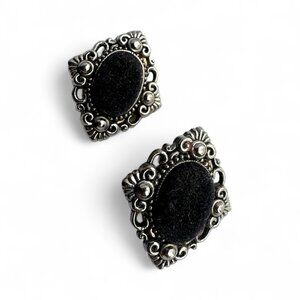 Vintage Clip-on Earrings Silver Tone Black Oval Velvet Centre Cabochon
